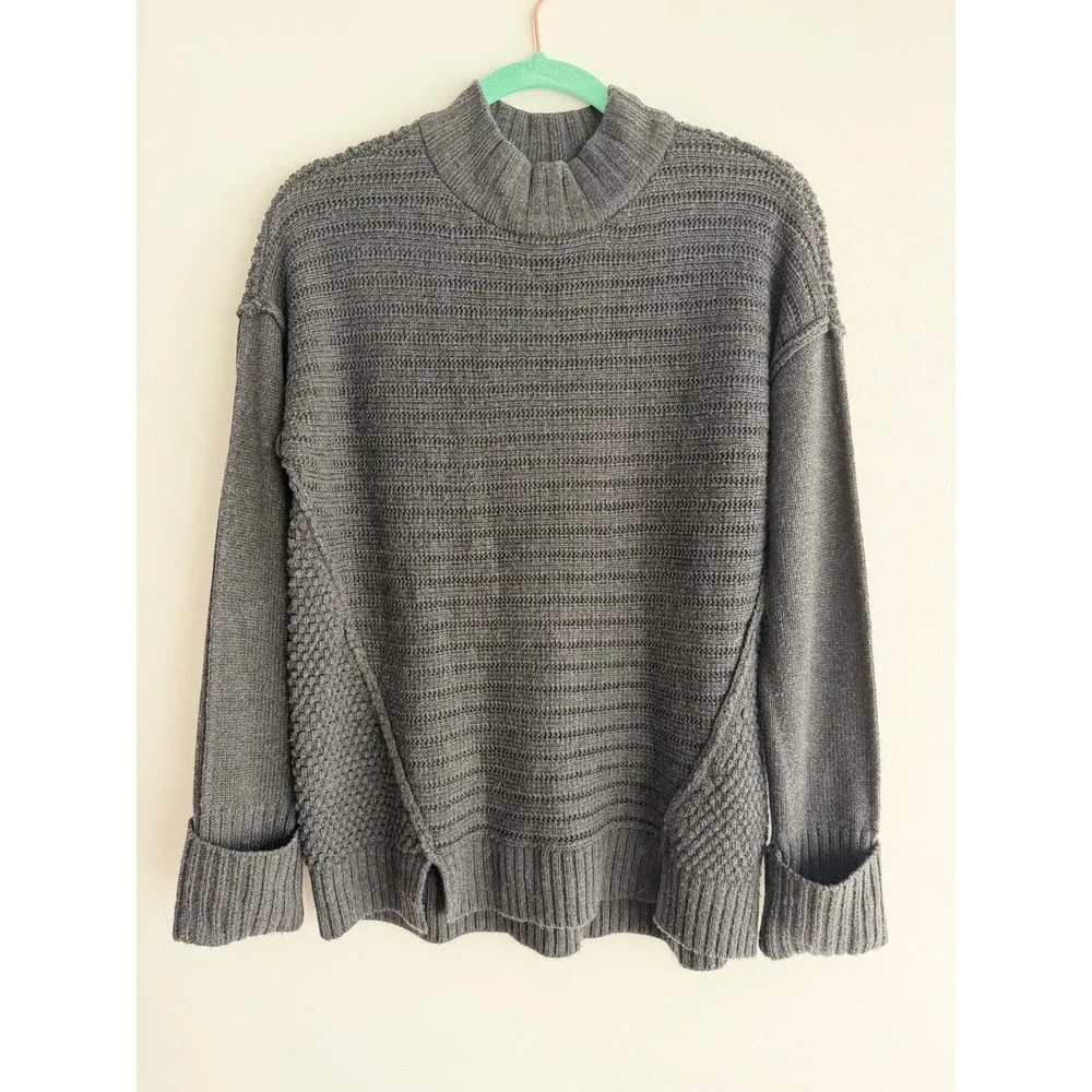 Saks Fifth Avenue Women Gray Mock Neck Wool Blend Mixed Knit Sweater Cozy Boho M